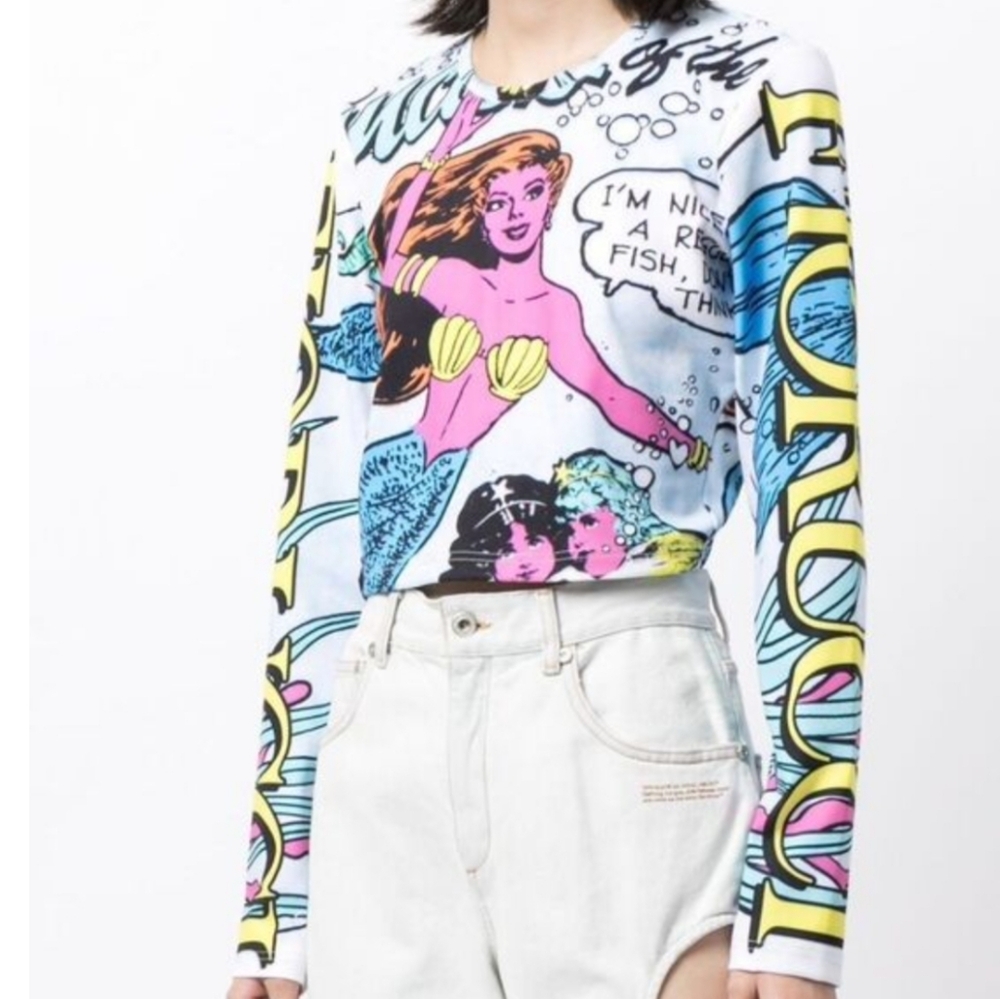 Fiorucci White Long Sleeve Pop-Art Mermaid Graphic Tee